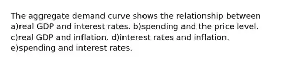 The aggregate demand curve shows the relationship between a)real GDP and interest rates. b)spending and the price level. c)real GDP and inflation. d)interest rates and inflation. e)spending and interest rates.