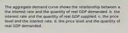 The aggregate demand curve shows the relationship between a. the interest rate and the quantity of real GDP demanded. b. the interest rate and the quantity of real GDP supplied. c. the price level and the interest rate. d. the price level and the quantity of real GDP demanded.