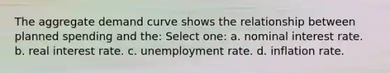 The aggregate demand curve shows the relationship between planned spending and the: Select one: a. nominal interest rate. b. real interest rate. c. unemployment rate. d. inflation rate.