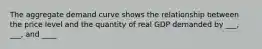 The aggregate demand curve shows the relationship between the price level and the quantity of real GDP demanded by ___, ___, and ____