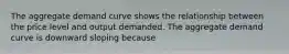The aggregate demand curve shows the relationship between the price level and output demanded. The aggregate demand curve is downward sloping because