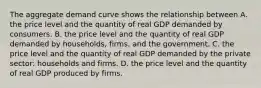 The aggregate demand curve shows the relationship between A. the price level and the quantity of real GDP demanded by consumers. B. the price level and the quantity of real GDP demanded by​ households, firms, and the government. C. the price level and the quantity of real GDP demanded by the private​ sector: households and firms. D. the price level and the quantity of real GDP produced by firms.