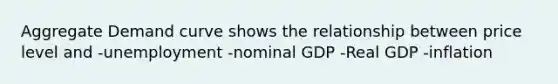 Aggregate Demand curve shows the relationship between price level and -unemployment -nominal GDP -Real GDP -inflation