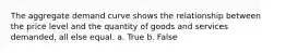 The aggregate demand curve shows the relationship between the price level and the quantity of goods and services demanded, all else equal. a. True b. False