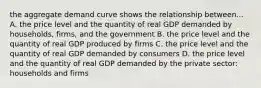 the aggregate demand curve shows the relationship between... A. the price level and the quantity of real GDP demanded by households, firms, and the government B. the price level and the quantity of real GDP produced by firms C. the price level and the quantity of real GDP demanded by consumers D. the price level and the quantity of real GDP demanded by the private sector: households and firms