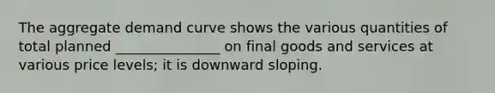 The aggregate demand curve shows the various quantities of total planned _______________ on final goods and services at various price​ levels; it is downward sloping.