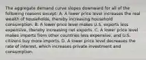 The aggregate demand curve slopes downward for all of the following reasons​ except: A. A lower price level increases the real wealth of​ households, thereby increasing household consumption. B. A lower price level makes U.S. exports less​ expensive, thereby increasing net exports. C. A lower price level makes imports from other countries less​ expensive, and U.S. citizens buy more imports. D. A lower price level decreases the rate of​ interest, which increases private investment and consumption.