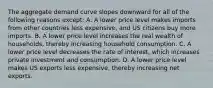 The aggregate demand curve slopes downward for all of the following reasons except: A. A lower price level makes imports from other countries less expensive, and US citizens buy more imports. B. A lower price level increases the real wealth of households, thereby increasing household consumption. C. A lower price level decreases the rate of interest, which increases private investment and consumption. D. A lower price level makes US exports less expensive, thereby increasing net exports.