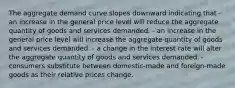 The aggregate demand curve slopes downward indicating that - an increase in the general price level will reduce the aggregate quantity of goods and services demanded. - an increase in the general price level will increase the aggregate quantity of goods and services demanded. - a change in the interest rate will alter the aggregate quantity of goods and services demanded. - consumers substitute between domestic-made and foreign-made goods as their relative prices change.