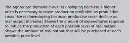 The aggregate demand curve: Is upsloping because a higher price is necessary to make production profitable as production costs rise Is downsloping because production costs decline as real output increases Shows the amount of expenditures required to induce the production of each possible level of real output Shows the amount of real output that will be purchased at each possible price level