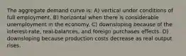 The aggregate demand curve is: A) vertical under conditions of full employment. B) horizontal when there is considerable unemployment in the economy. C) downsloping because of the interest-rate, real-balances, and foreign purchases effects. D) downsloping because production costs decrease as real output rises.