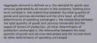 Aggregate demand is defined as a. the demand for goods and services generated by all sectors in the economy, holding price level constant b. the relationship between the total quantity of goods and services demanded and the price level, all other determinants of spending unchanged c. the relationship between the total quantity of goods and services demanded and the supply of factors of production, all other determinants of production unchanged d. the relationship between the total quantity of goods and services demanded and the income level, all other determinants of spending unchanged