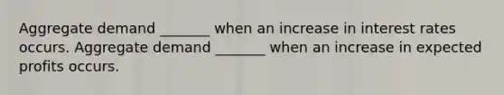 Aggregate demand​ _______ when an increase in interest rates occurs. Aggregate demand​ _______ when an increase in expected profits occurs.