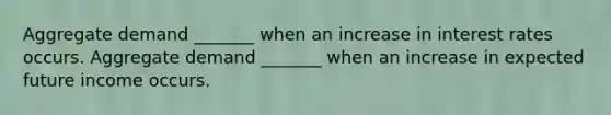 Aggregate demand​ _______ when an increase in interest rates occurs. Aggregate demand​ _______ when an increase in expected future income occurs.