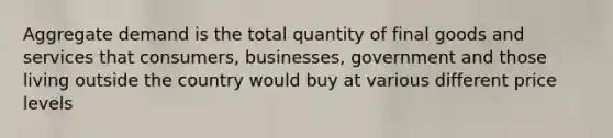 Aggregate demand is the total quantity of final goods and services that consumers, businesses, government and those living outside the country would buy at various different price levels