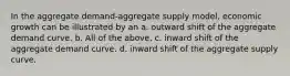 In the aggregate demand-aggregate supply model, economic growth can be illustrated by an a. outward shift of the aggregate demand curve. b. All of the above. c. inward shift of the aggregate demand curve. d. inward shift of the aggregate supply curve.