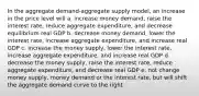 In the aggregate demand-aggregate supply model, an increase in the price level will a. increase money demand, raise the interest rate, reduce aggregate expenditure, and decrease equilibrium real GDP b. decrease money demand, lower the interest rate, increase aggregate expenditure, and increase real GDP c. increase the money supply, lower the interest rate, increase aggregate expenditure, and increase real GDP d. decrease the money supply, raise the interest rate, reduce aggregate expenditure, and decrease real GDP e. not change money supply, money demand or the interest rate, but will shift the aggregate demand curve to the right