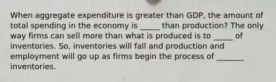 When aggregate expenditure is greater than GDP, the amount of total spending in the economy is _____ than production? The only way firms can sell more than what is produced is to _____ of inventories. So, inventories will fall and production and employment will go up as firms begin the process of _______ inventories.