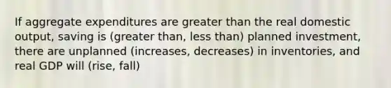 If aggregate expenditures are greater than the real domestic output, saving is (greater than, less than) planned investment, there are unplanned (increases, decreases) in inventories, and real GDP will (rise, fall)