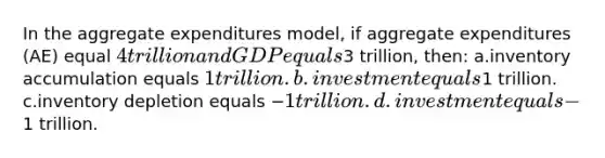 In the aggregate expenditures model, if aggregate expenditures (AE) equal 4 trillion and GDP equals3 trillion, then: a.inventory accumulation equals 1 trillion. b.investment equals1 trillion. c.inventory depletion equals −1 trillion. d.investment equals −1 trillion.