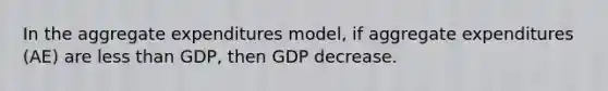 In the aggregate expenditures model, if aggregate expenditures (AE) are less than GDP, then GDP decrease.