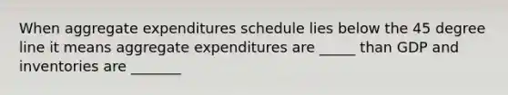 When aggregate expenditures schedule lies below the 45 degree line it means aggregate expenditures are _____ than GDP and inventories are _______