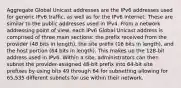 Aggregate Global Unicast addresses are the IPv6 addresses used for generic IPv6 traffic, as well as for the IPv6 Internet. These are similar to the public addresses used in IPv4. From a network addressing point of view, each IPv6 Global Unicast address is comprised of three main sections: the prefix received from the provider (48 bits in length), the site prefix (16 bits in length), and the host portion (64 bits in length). This makes up the 128-bit address used in IPv6. Within a site, administrators can then subnet the provider-assigned 48-bit prefix into 64-bit site prefixes by using bits 49 through 64 for subnetting allowing for 65,535 different subnets for use within their network.