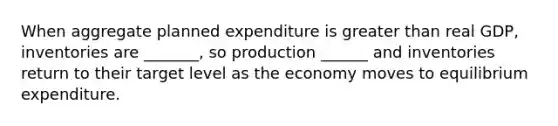 When aggregate planned expenditure is greater than real​ GDP, inventories are ​_______, so production​ ______ and inventories return to their target level as the economy moves to equilibrium expenditure.