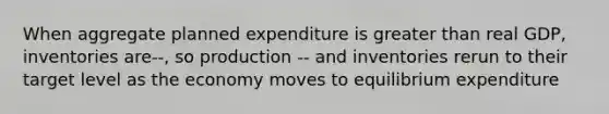 When aggregate planned expenditure is greater than real GDP, inventories are--, so production -- and inventories rerun to their target level as the economy moves to equilibrium expenditure