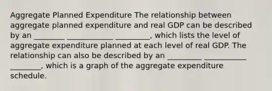 Aggregate Planned Expenditure The relationship between aggregate planned expenditure and real GDP can be described by an ________ ____________ _________, which lists the level of aggregate expenditure planned at each level of real GDP. The relationship can also be described by an _________ ___________ ________, which is a graph of the aggregate expenditure schedule.