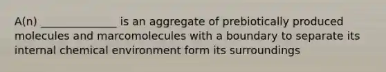 A(n) ______________ is an aggregate of prebiotically produced molecules and marcomolecules with a boundary to separate its internal chemical environment form its surroundings