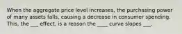 When the aggregate price level increases, the purchasing power of many assets falls, causing a decrease in consumer spending. This, the ___ effect, is a reason the ____ curve slopes ___.