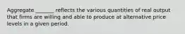 Aggregate _______ reflects the various quantities of real output that firms are willing and able to produce at alternative price levels in a given period.