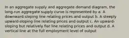 In an aggregate supply and aggregate demand diagram, the long-run aggregate supply curve is represented by a. A downward-sloping line relating prices and output b. A steeply upward-sloping line relating prices and output c. An upward-sloping but relatively flat line relating prices and output d. A vertical line at the full employment level of output