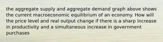 the aggregate supply and aggregate demand graph above shows the current macroeconomic equilibrium of an economy. How will the price level and real output change if there is a sharp increase in productivity and a simultaneous increase in government purchases