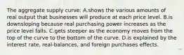 The aggregate supply curve: A.shows the various amounts of real output that businesses will produce at each price level. B.is downsloping because real purchasing power increases as the price level falls. C.gets steeper as the economy moves from the top of the curve to the bottom of the curve. D.is explained by the interest rate, real-balances, and foreign purchases effects.