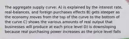 The aggregate supply curve: A) is explained by the interest rate, real-balances, and foreign purchases effects B) gets steeper as the economy moves from the top of the curve to the bottom of the curve C) shows the various amounts of real output that businesses will produce at each price level D) is downsloping because real purchasing power increases as the price level falls