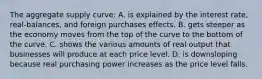 The aggregate supply curve: A. is explained by the interest rate, real-balances, and foreign purchases effects. B. gets steeper as the economy moves from the top of the curve to the bottom of the curve. C. shows the various amounts of real output that businesses will produce at each price level. D. is downsloping because real purchasing power increases as the price level falls.