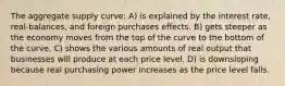 The aggregate supply curve: A) is explained by the interest rate, real-balances, and foreign purchases effects. B) gets steeper as the economy moves from the top of the curve to the bottom of the curve. C) shows the various amounts of real output that businesses will produce at each price level. D) is downsloping because real purchasing power increases as the price level falls.