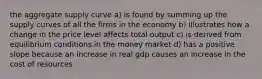 the aggregate supply curve a) is found by summing up the supply curves of all the firms in the economy b) illustrates how a change in the price level affects total output c) is derived from equilibrium conditions in the money market d) has a positive slope because an increase in real gdp causes an increase in the cost of resources