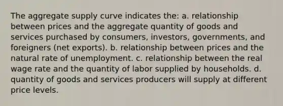 The aggregate supply curve indicates the: a. relationship between prices and the aggregate quantity of goods and services purchased by consumers, investors, governments, and foreigners (net exports). b. relationship between prices and the natural rate of unemployment. c. relationship between the real wage rate and the quantity of labor supplied by households. d. quantity of goods and services producers will supply at different price levels.