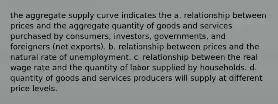 the aggregate supply curve indicates the a. relationship between prices and the aggregate quantity of goods and services purchased by consumers, investors, governments, and foreigners (net exports). b. relationship between prices and the natural rate of unemployment. c. relationship between the real wage rate and the quantity of labor supplied by households. d. quantity of goods and services producers will supply at different price levels.