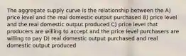 The aggregate supply curve is the relationship between the A) price level and the real domestic output purchased B) price level and the real domestic output produced C) price level that producers are willing to accept and the price level purchasers are willing to pay D) real domestic output purchased and real domestic output produced