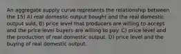 An aggregate supply curve represents the relationship between the 15) A) real domestic output bought and the real domestic output sold. B) price level that producers are willing to accept and the price level buyers are willing to pay. C) price level and the production of real domestic output. D) price level and the buying of real domestic output.