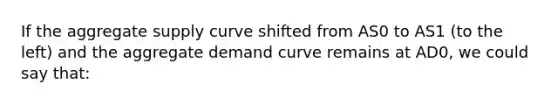 If the aggregate supply curve shifted from AS0 to AS1 (to the left) and the aggregate demand curve remains at AD0, we could say that: