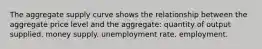 The aggregate supply curve shows the relationship between the aggregate price level and the aggregate: quantity of output supplied. money supply. unemployment rate. employment.