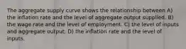 The aggregate supply curve shows the relationship between A) the inflation rate and the level of aggregate output supplied. B) the wage rate and the level of employment. C) the level of inputs and aggregate output. D) the inflation rate and the level of inputs.