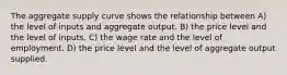 The aggregate supply curve shows the relationship between A) the level of inputs and aggregate output. B) the price level and the level of inputs. C) the wage rate and the level of employment. D) the price level and the level of aggregate output supplied.