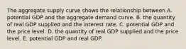 The aggregate supply curve shows the relationship between A. potential GDP and the aggregate demand curve. B. the quantity of real GDP supplied and the interest rate. C. potential GDP and the price level. D. the quantity of real GDP supplied and the price level. E. potential GDP and real GDP.