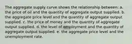 The aggregate supply curve shows the relationship between: a. the price of oil and the quantity of aggregate output supplied. b. the aggregate price level and the quantity of aggregate output supplied. c. the price of money and the quantity of aggregate output supplied. d. the level of employment and the quantity of aggregate output supplied. e. the aggregate price level and the unemployment rate.